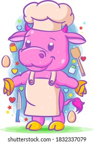 The illustration of the chef cow standing with the apron