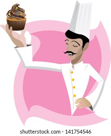 Illustration of chef with cupcake on abstract background