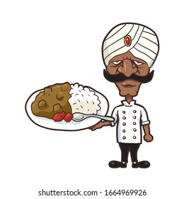Illustration des Küchenchefs mit Curry und Reis.