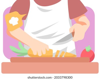 illustration of chef cutting carrot with knife on cutting board. purple background. concept for healthy food. suitable for the theme of cooking, vegetables, hobby, profession etc. flat vector design