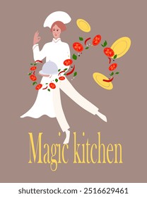 ilustração de um chef com um prato em sua mão Chef mão gesto ok emblema Decoração para restaurante ou café menu design.Іmprovization de cozinha mágica cozinha mágica cozinha.Comida e pratos voam no ar