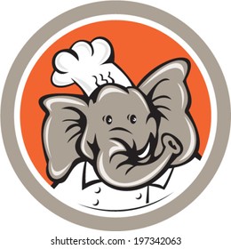 Illustration of a chef elephant head viewed from front on isolated background set inside circle done in cartoon style.