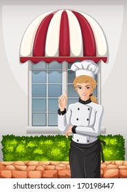 Illustration of a chef in front of the restaurant