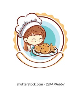 illustration of a chef girl holding a plate of cookies.