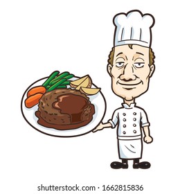 ilustración del chef con carne de hamburguesa.