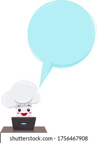 Illustration of a Chef Hat Mascot Using Laptop with Blank Speech Bubble
