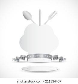 Illustration of a chef hat and utensils isolated on a white background.