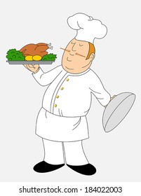 Illustration of chef holding a cooked chicken.