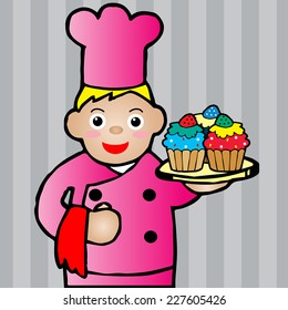 Illustration of chef holding a cupcake