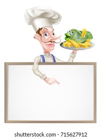 An Illustration of a Chef Holding Fish and Chips Pointing at Sign