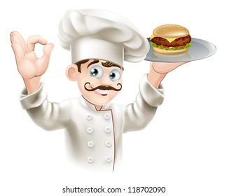 Illustration Of A Chef Holding A Gourmet Burger On A Tray