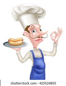 An Illustration of a Chef Holding Hotdog Giving Perfect Sign