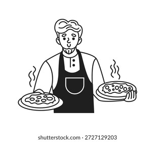 Ilustración de un chef sosteniendo dos pizzas al vapor. Arte lineal simple en blanco y negro. Representa la cocina y las habilidades culinarias con un enfoque en la cocina italiana.