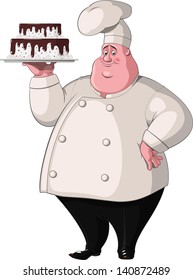 Illustration: Chef holds a tray with cake