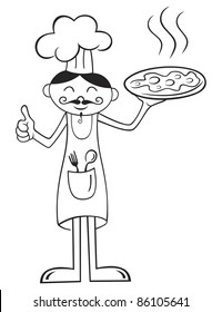 Illustration of chef with hot pizza isolated on white