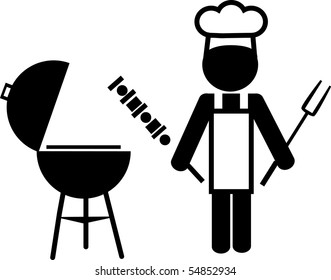 illustration of a  chef making bbq and holding shish kebab