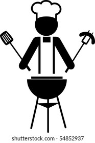 illustration of a  chef making bbq and holding spitted sausage