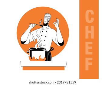 Illustration chef man cooks food, tastes food from a spoon. The delicious soup is steaming. Vector logo funny character for restaurant menu.