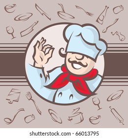 ilustración de un chef de fondo con utensilios de cocina