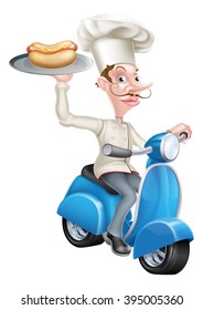 An Illustration of a Chef on Scooter Moped Hot Dog