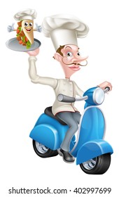 An Illustration of a Chef on Scooter Moped Delivering Souvlaki Pita Kebab