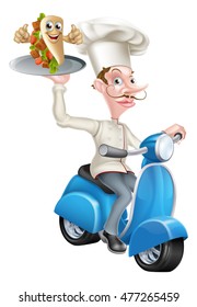 An Illustration of a Chef on Scooter Moped Delivering Pita Kebab