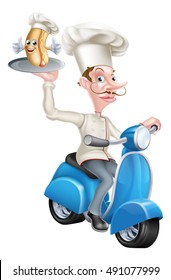 An Illustration of a Chef on Scooter Moped Delivering Hotdog Mascot