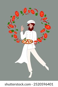 Illustration of a chef with a pizza in his hand.Chef hand gesture ok emblem.Decoration for restaurant or cafe menu design.Іmprovisation of magical kitchen, magical cookingFood  fly in the air.