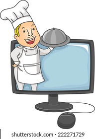 Illustration of a Chef Popping Out of a Computer Monitor