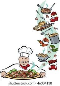 Illustration of a chef presenting a platter of shrimp, pasta and vegetables, with food and tools used for preparation. Space for text on left. Elements are grouped for easy editing.