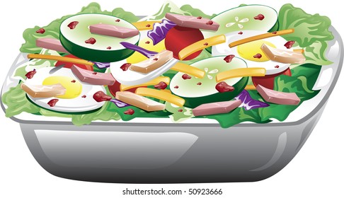 Illustration of a chef salad with ham, turkey, eggs and bacon.