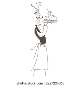 Illustration of a chef serving drinks and food.