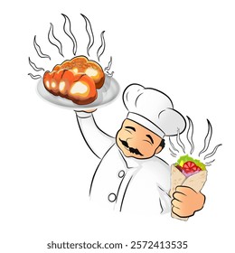 illustration of a chef serving a plate of toast and kebabs without a background