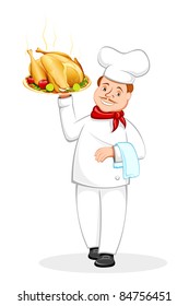 illustration of chef serving roasted chicken garnished in plate