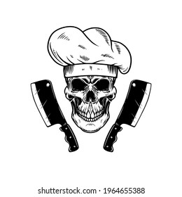 Illustration of chef skull and meat cleavers. Design element for logo, label, sign, emblem. Vector illustration
