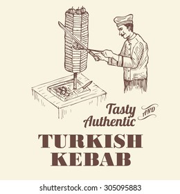 Illustration of chef slicing meat for kebab, vector