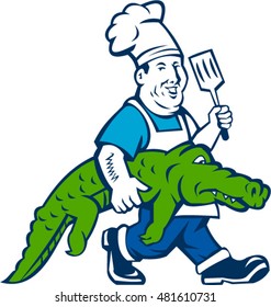 Illustration of a chef smiling carrying alligator in one hand and holding spatula in the other hand walking viewed from the side set on isolated white background done in cartoon style. 