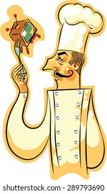 illustration of a chef snob, that with a fork pierces iconographically a small television.
Hand-drawn and colored digitally.
