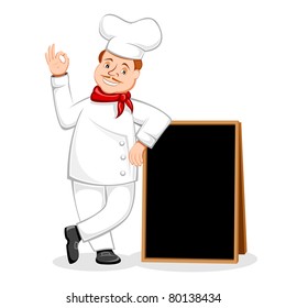 illustration of chef standing with black board for menu