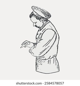 Illustration of a chef in uniform, side profile, checking a list. Chef with hat, chef attire, focused on task. Simple line drawing of a chef in action. Vintage art illustration, vector.