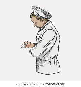 Illustration of a chef in uniform, writing on a notepad. The chef wears a hat and apron, focusing on the task. Simple, classic chef depiction. Vintage art illustration, vector.