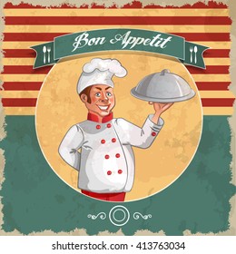 Illustration chef in vintage style.  Kitchen culinary, chief-cooker in uniform with a metal dish.  Cooking and restaurant. Vector 