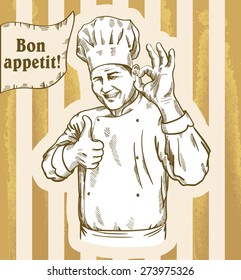 Illustration of a chef which giving okay sign on striped background