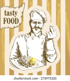 Illustration of  chef which serving tasty dish and giving an tasty sign