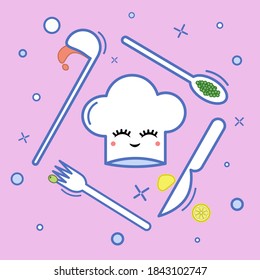 Illustration of a chef's hat with Cutlery around and ingredients for soup. Vector image in eps format.