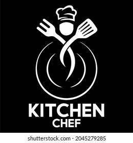 Illustration of a chef's kitchen logo with a fork and spatula in black and white.