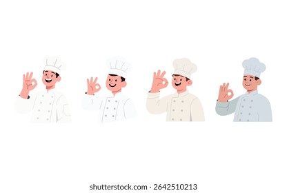 Illustration of chefs wearing chef uniforms in various shades of white and light cream, showing an "okay" hand gesture.