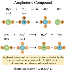 Illustration of chemical. The amphoteric compounds are a chemical substance which might be a neutral molecule or an ionic molecule which can act both as an acid and a base in a chemical reaction.