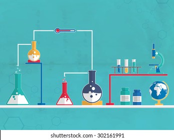 Illustration of chemical beaker and flask for science laboratory and chemistry research on blue molecules background.