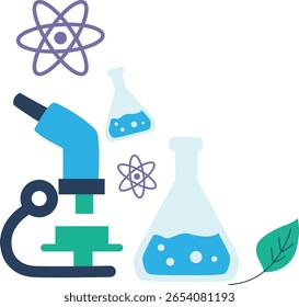 Ilustração da descoberta química com frasco, tubo de ensaio, moléculas e folhas. Ideal para educação científica, trabalho de laboratório ou projetos CTEM sustentáveis.